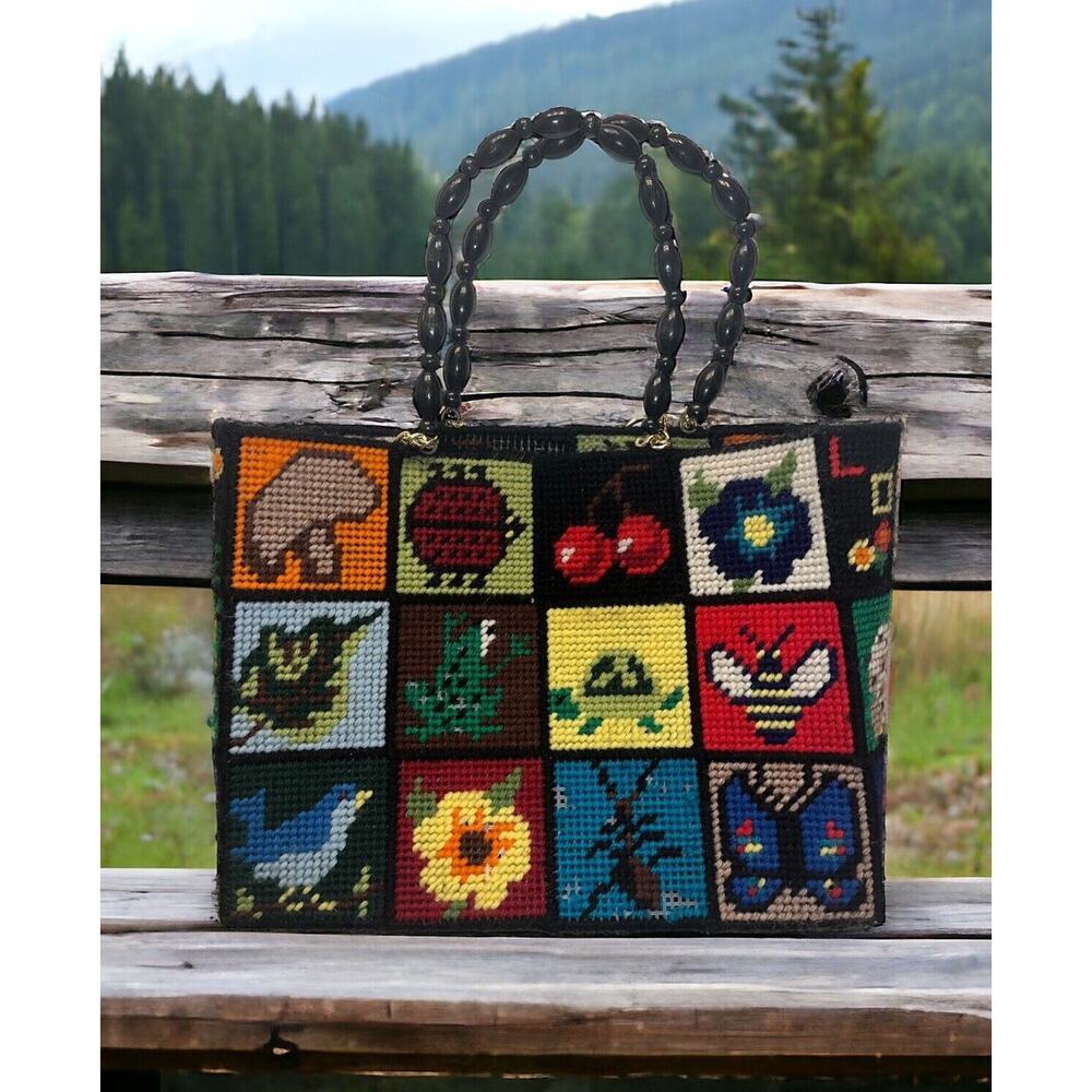Handmade Purse Vintage Bag Cross Stitched Crochet Animals Garden‎ Cottage Core